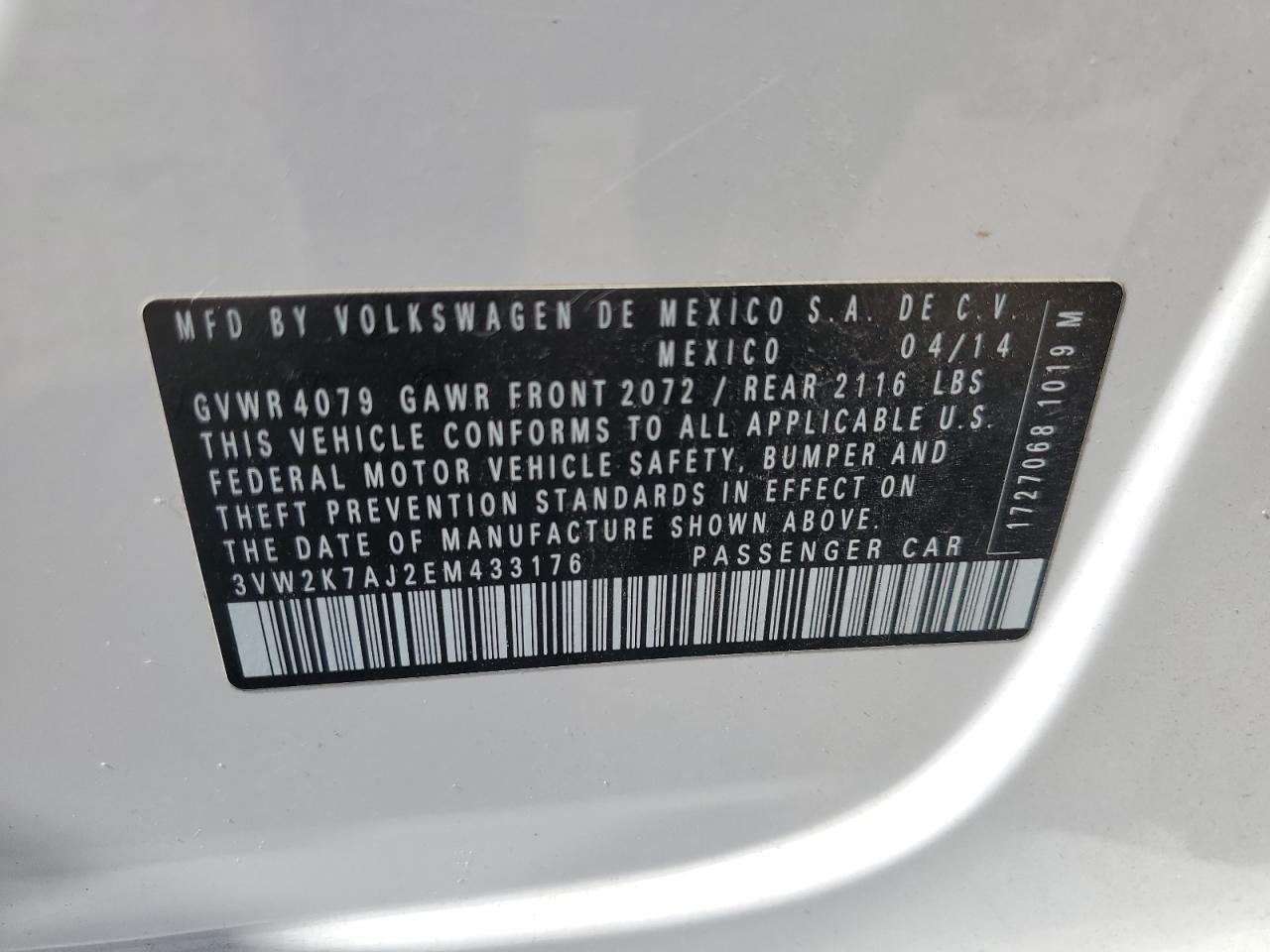 2014 Volkswagen Jetta Base VIN: 3VW2K7AJ2EM433176 Lot: 82581195