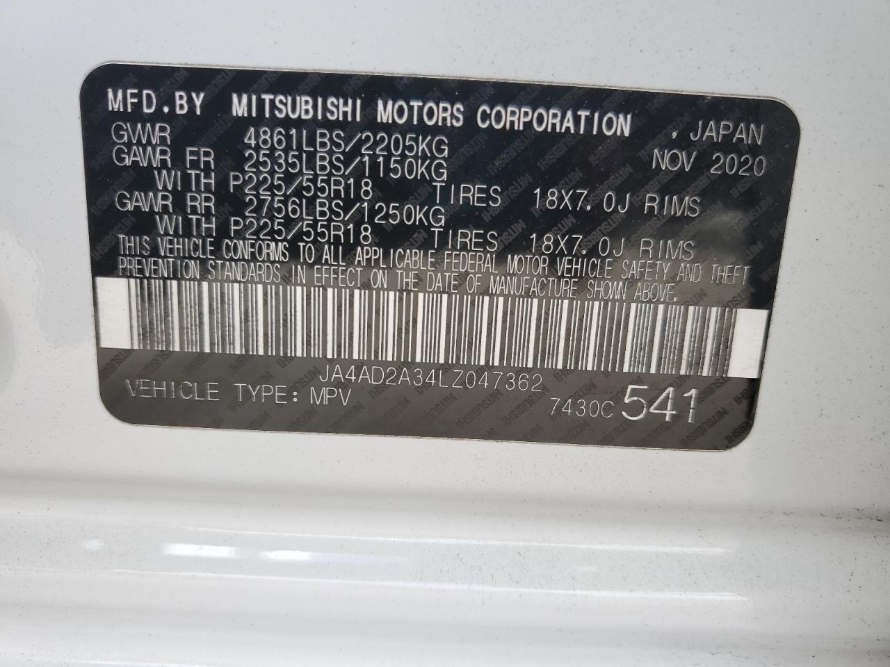 2020 Mitsubishi Outlander Es VIN: JA4AD2A34LZ047362 Lot: 82536305