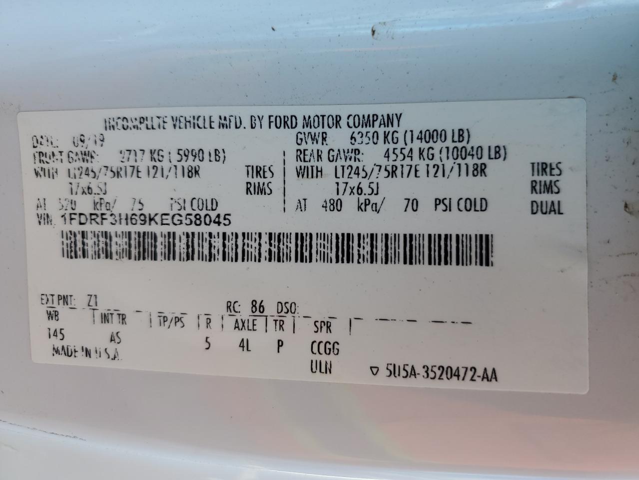 2019 Ford F350 Super Duty VIN: 1FDRF3H69KEG58045 Lot: 81894295