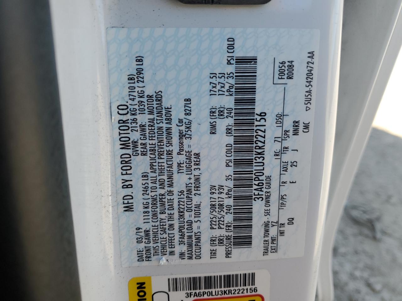 2019 Ford Fusion Se VIN: 3FA6P0LU3KR222156 Lot: 85581085