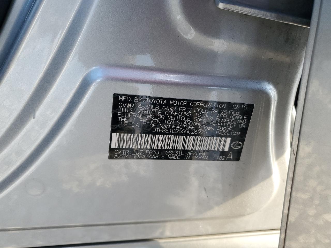 2016 Lexus Is 350 VIN: JTHBE1D26G5026920 Lot: 89554405