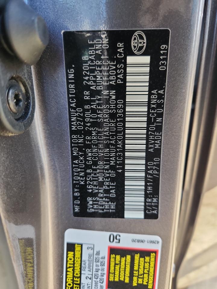 2020 Toyota Camry Le VIN: 4T1C31AK0LU013690 Lot: 85815425