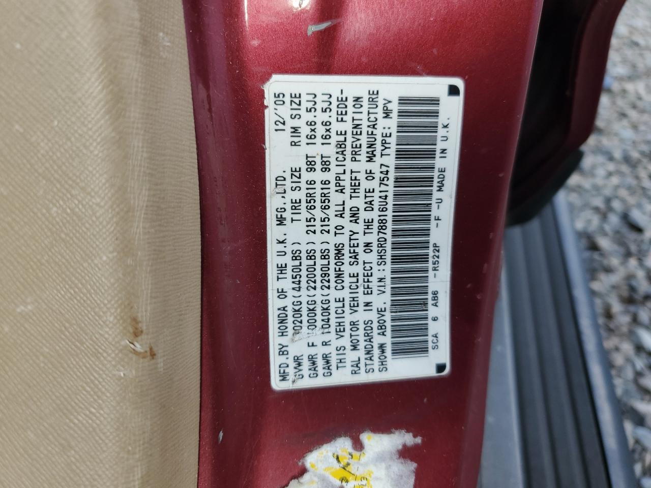 2006 Honda Cr-V Ex VIN: SHSRD78816U417547 Lot: 85931425