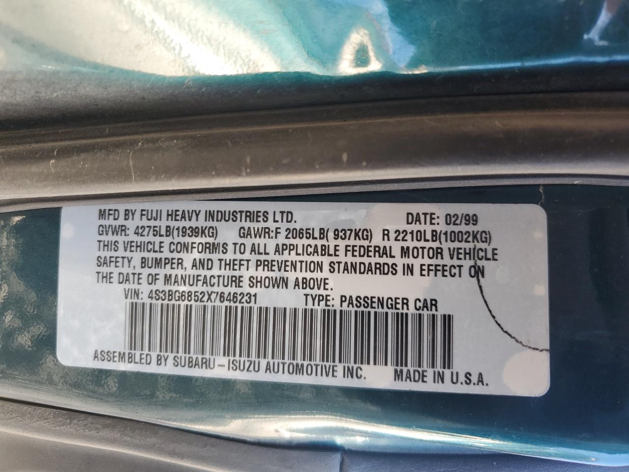 1999 Subaru Legacy Outback VIN: 4S3BG6852X7646231 Lot: 82785615