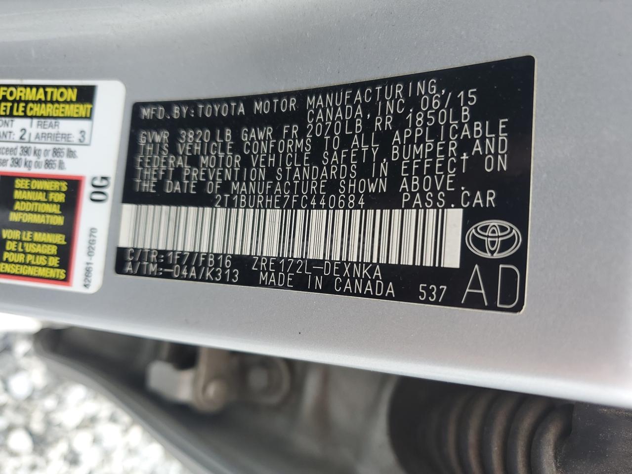 2015 Toyota Corolla L VIN: 2T1BURHE7FC440684 Lot: 84906275