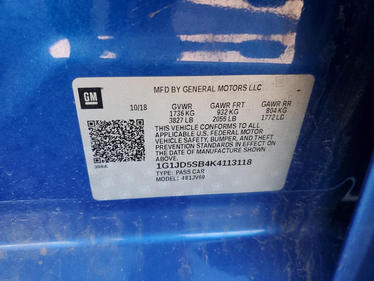 2019 Chevrolet Sonic Lt VIN: 1G1JD5SB4K4113118 Lot: 85376615