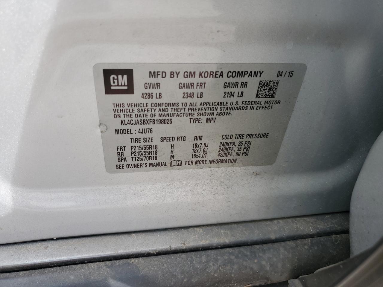 2015 Buick Encore VIN: KL4CJASBXFB198026 Lot: 90265435