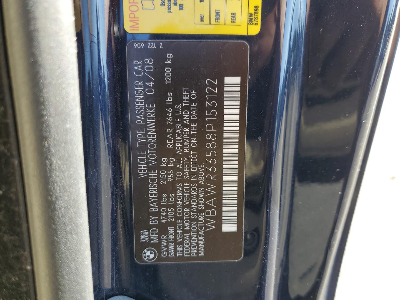2008 BMW 328 I Sulev VIN: WBAWR33588P153122 Lot: 86115625