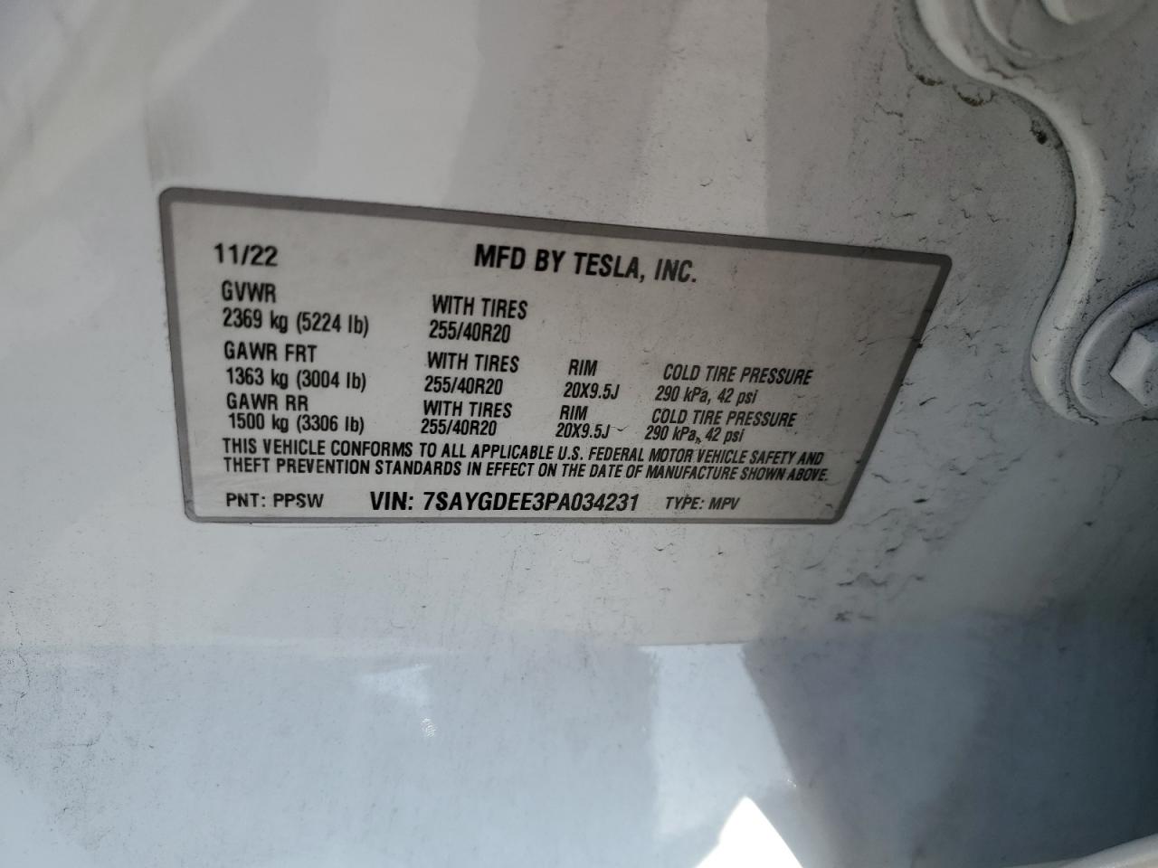 2023 Tesla Model Y VIN: 7SAYGDEE3PA034231 Lot: 90303035