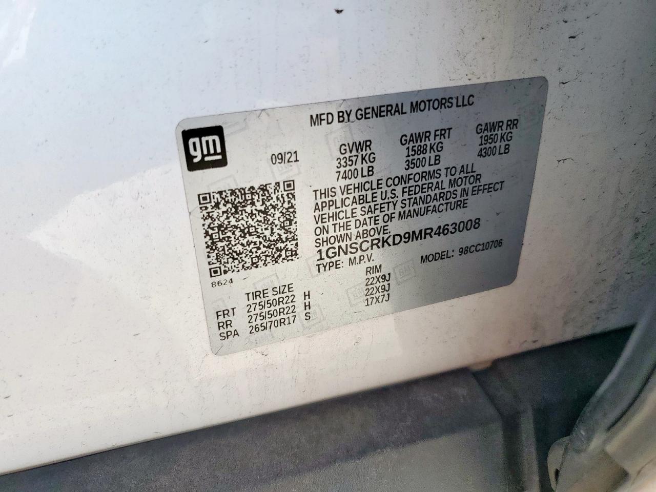 2021 Chevrolet Tahoe C1500 Rst VIN: 1GNSCRKD9MR463008 Lot: 84974675