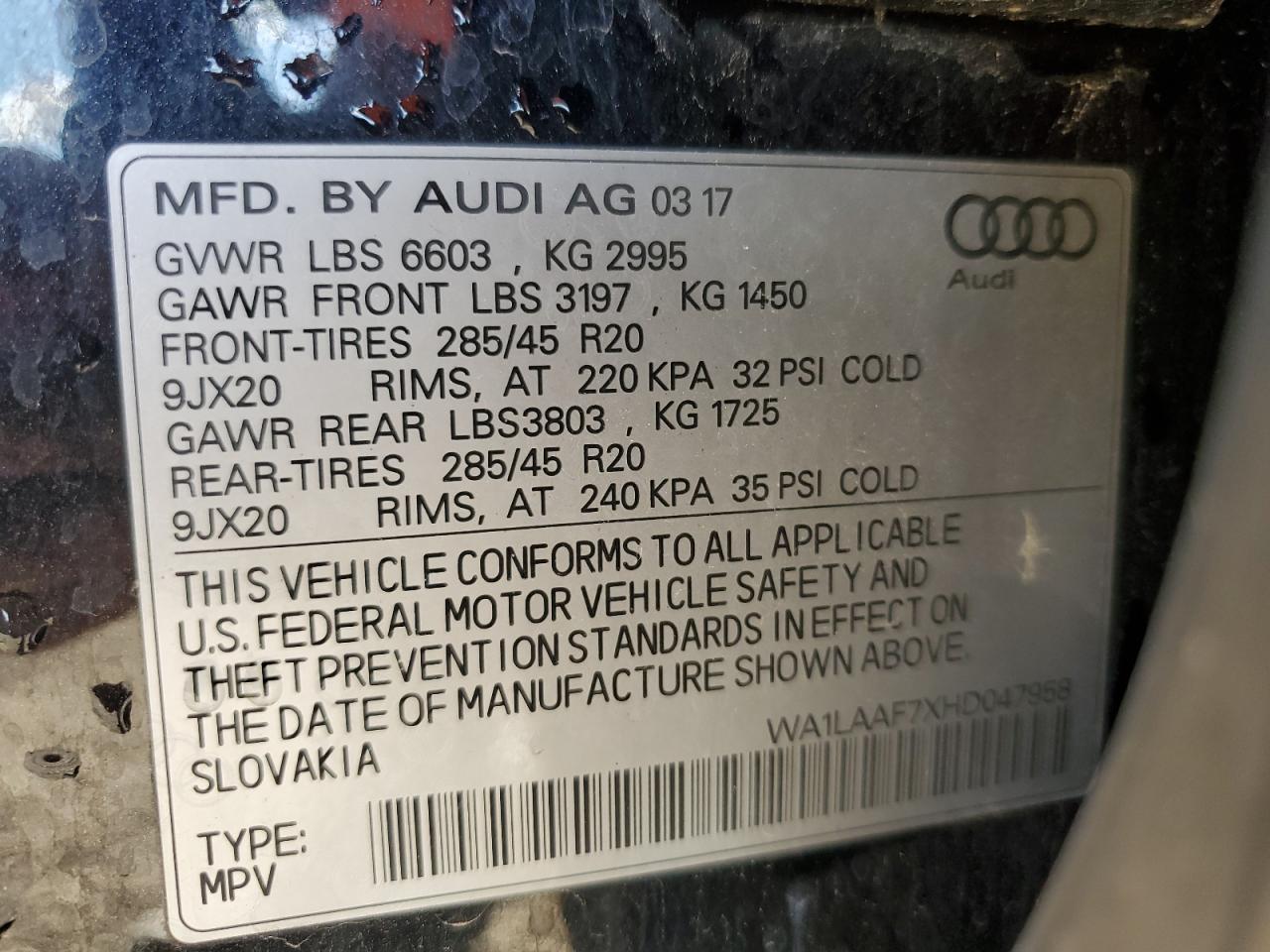 2017 Audi Q7 Premium Plus VIN: WA1LAAF7XHD047958 Lot: 85185425