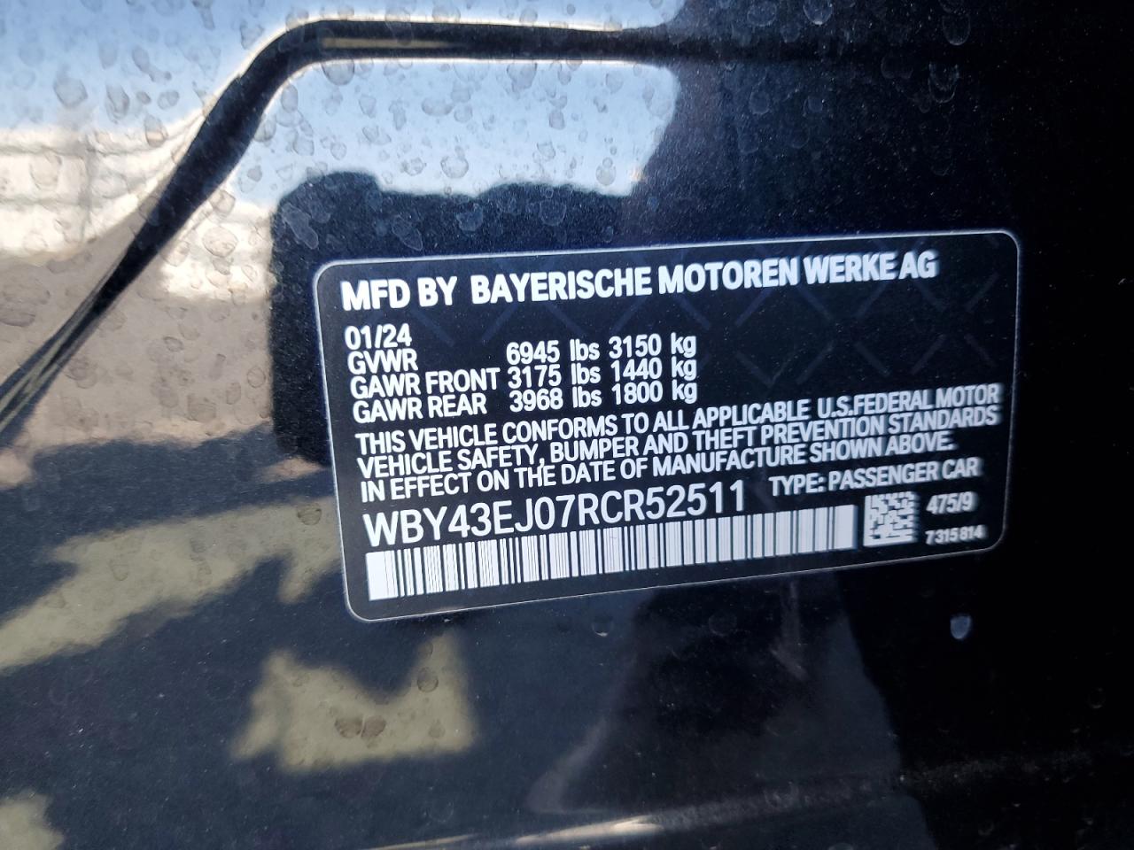 2024 BMW I7 Edrive50 VIN: WBY43EJ07RCR52511 Lot: 89741265
