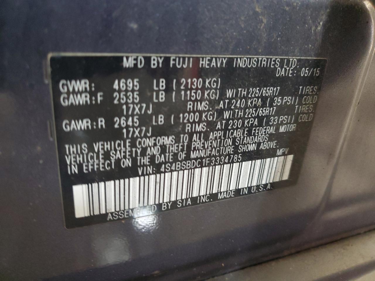 2015 Subaru Outback 2.5I Premium VIN: 4S4BSBDC1F3334785 Lot: 81947525