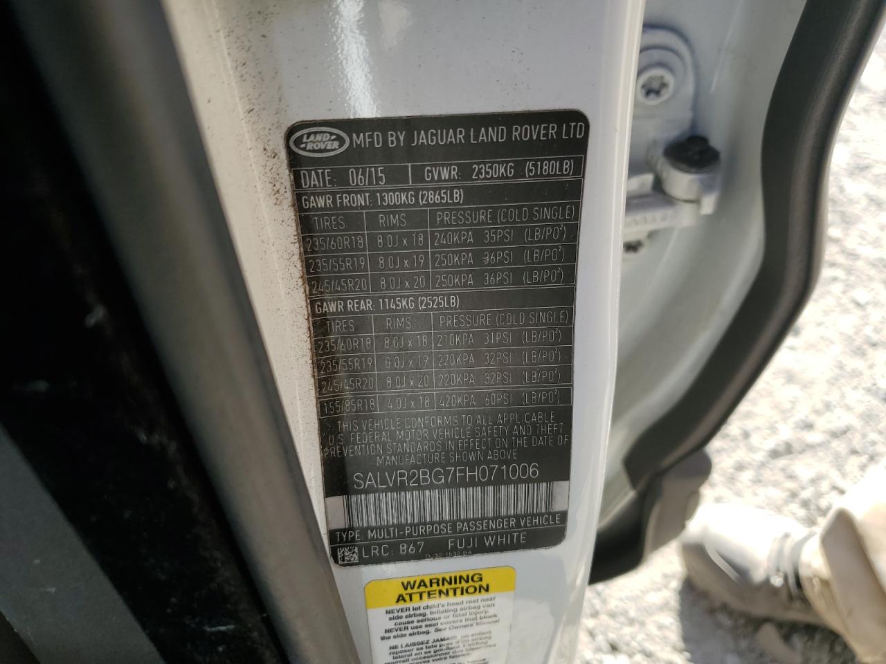 2015 Land Rover Range Rover Evoque Pure Premium VIN: SALVR2BG7FH071006 Lot: 86285545