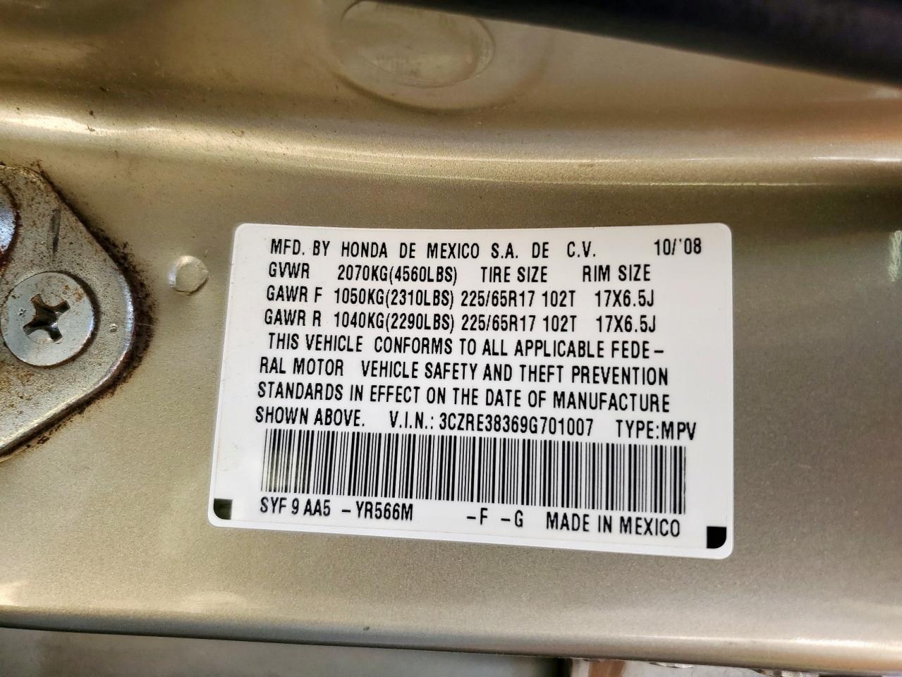 2009 Honda Cr-V Lx VIN: 3CZRE38369G701007 Lot: 84595665