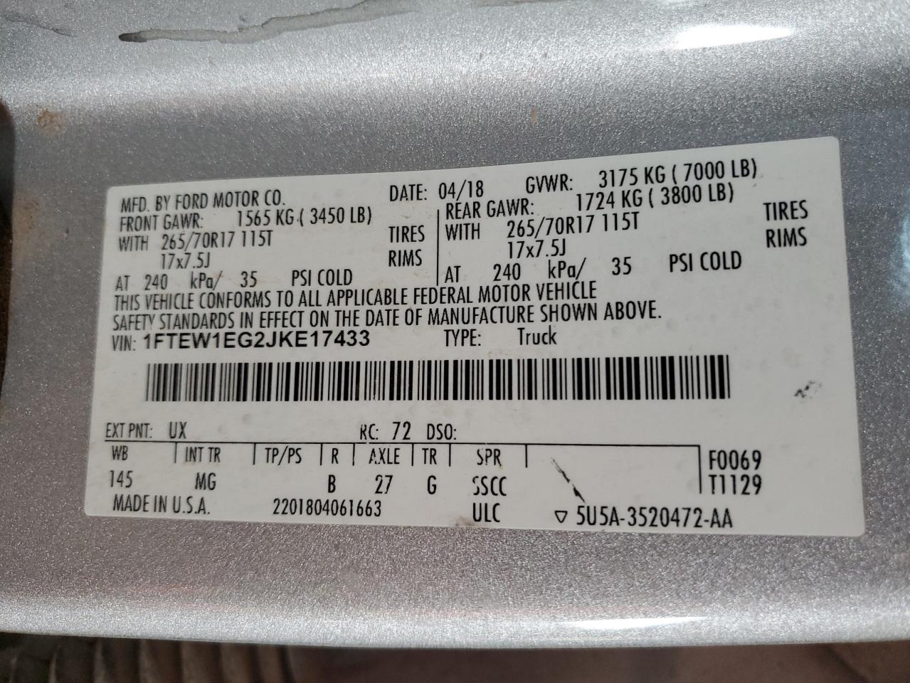 2018 Ford F150 Supercrew VIN: 1FTEW1EG2JKE17433 Lot: 89877155