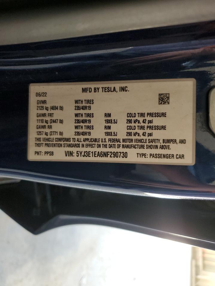2022 Tesla Model 3 VIN: 5YJ3E1EA6NF290730 Lot: 85717695