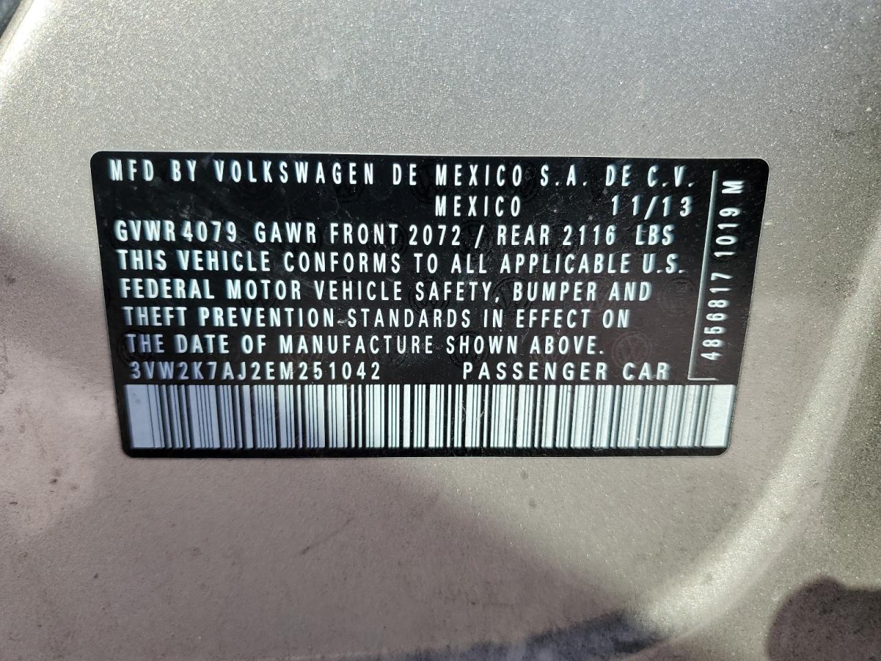 2014 Volkswagen Jetta Base VIN: 3VW2K7AJ2EM251042 Lot: 81513115
