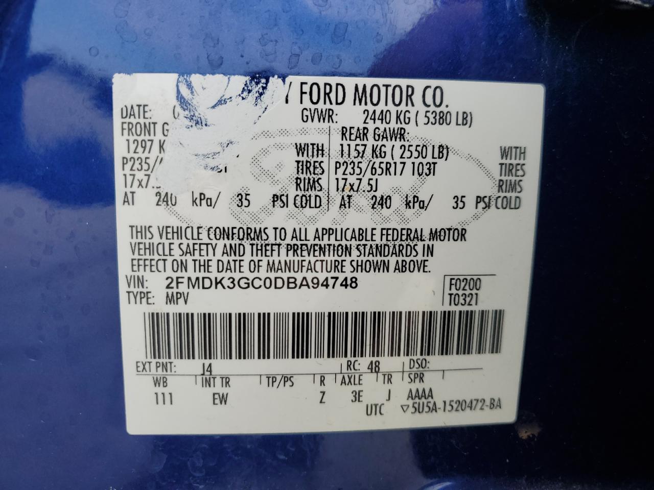 2013 Ford Edge Se VIN: 2FMDK3GC0DBA94748 Lot: 85132335