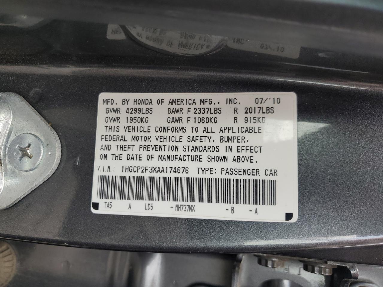 2010 Honda Accord Lx VIN: 1HGCP2F3XAA174676 Lot: 85751815