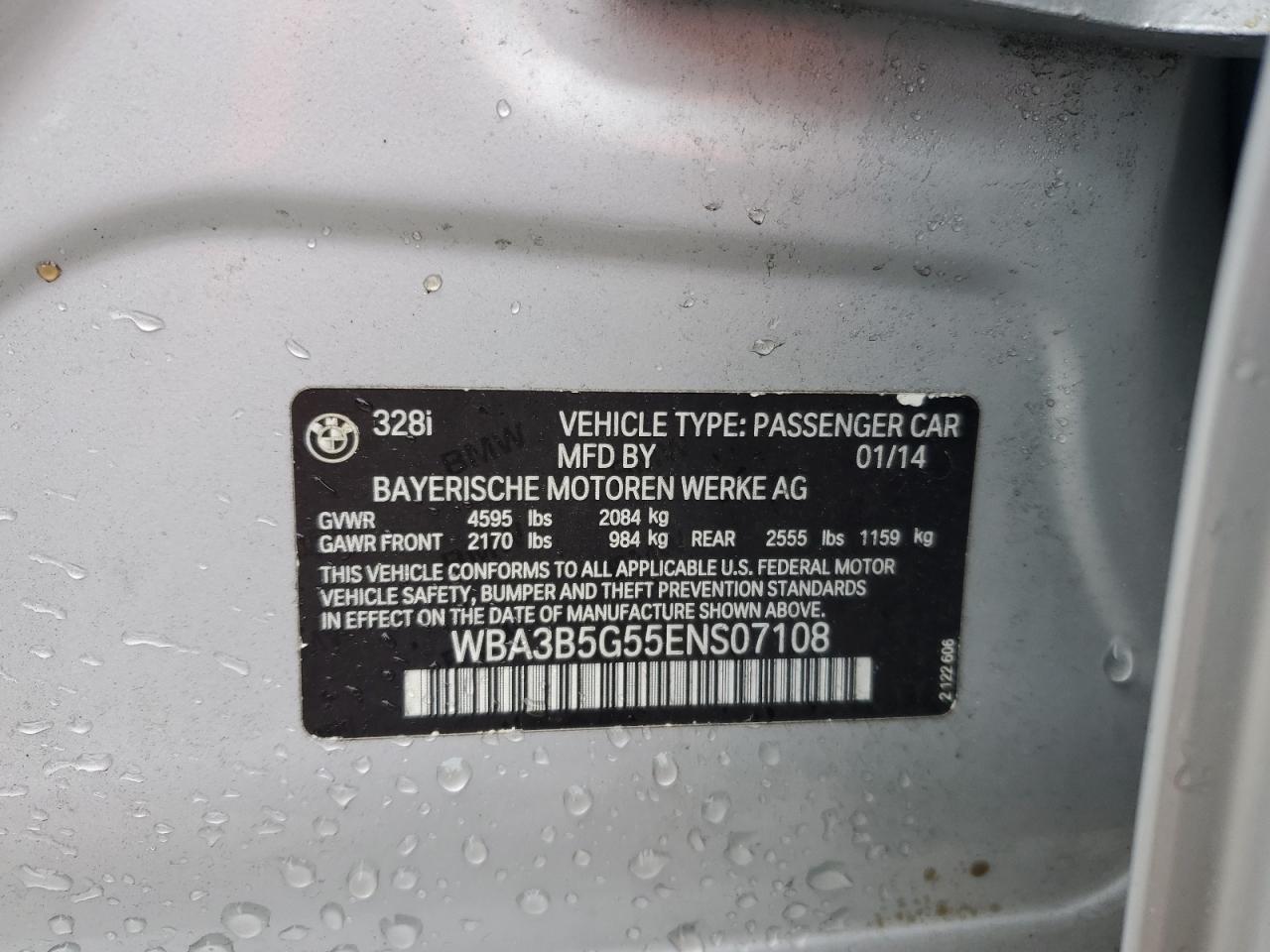 2014 BMW 328 Xi Sulev VIN: WBA3B5G55ENS07108 Lot: 85864225