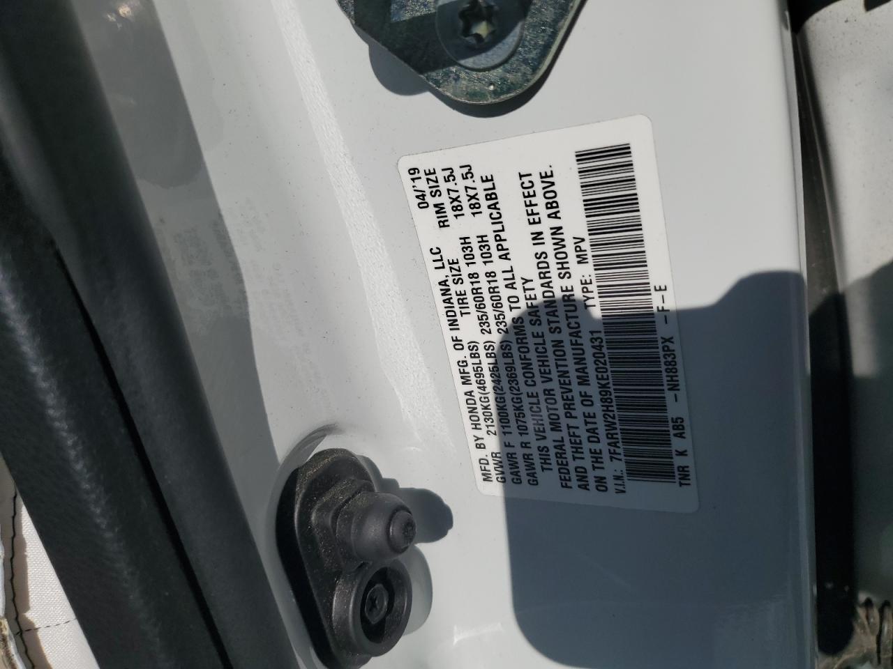 2019 Honda Cr-V Exl VIN: 7FARW2H89KE020431 Lot: 85862935