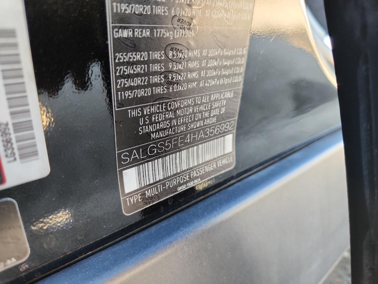 2017 Land Rover Range Rover Supercharged VIN: SALGS5FE4HA356992 Lot: 91058285