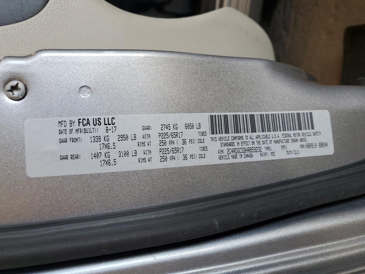 2017 Dodge Grand Caravan Sxt VIN: 2C4RDGCG9HR859232 Lot: 86181125