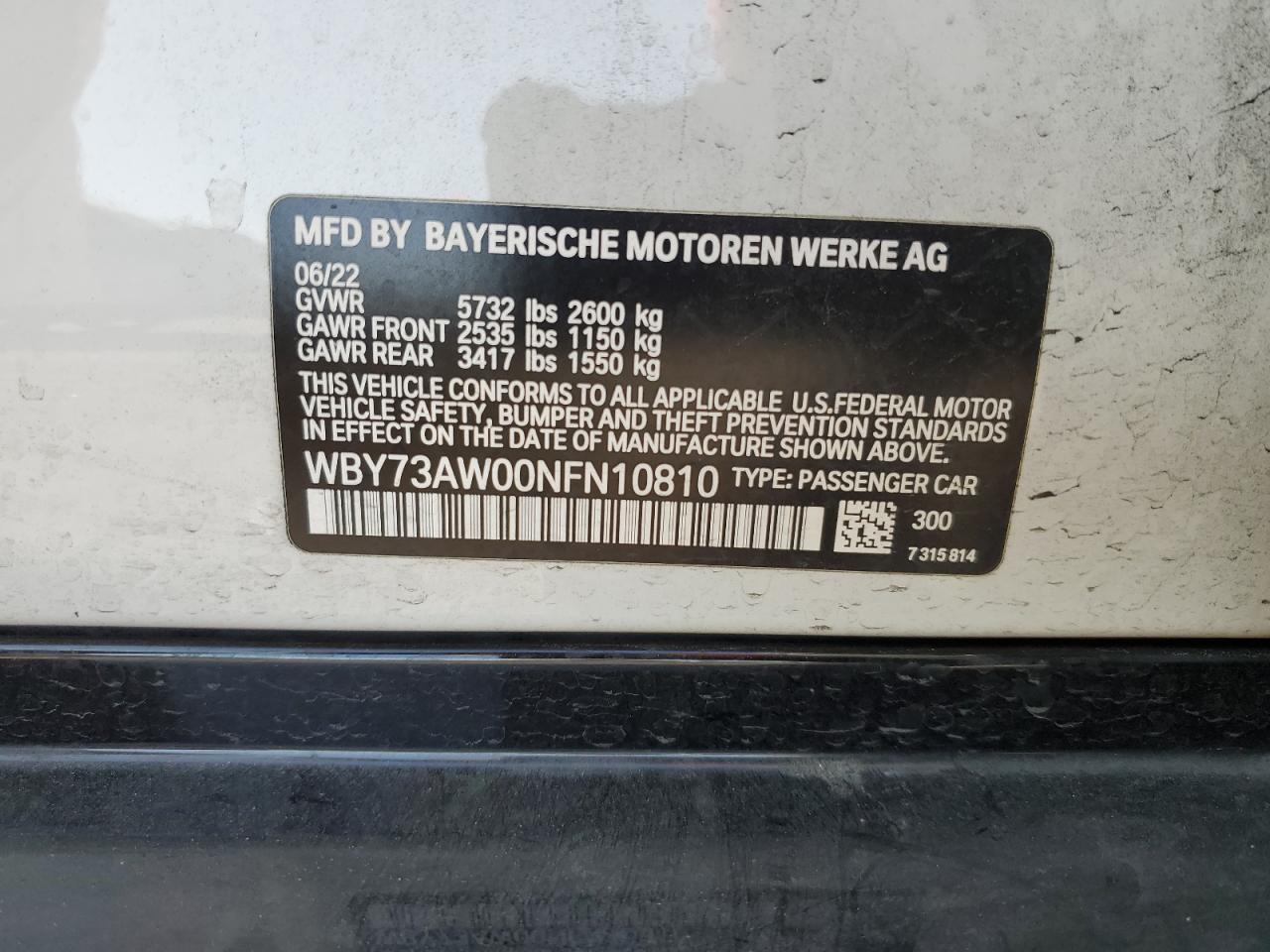 2022 BMW I4 Edrive 40 VIN: WBY73AW00NFN10810 Lot: 82780815