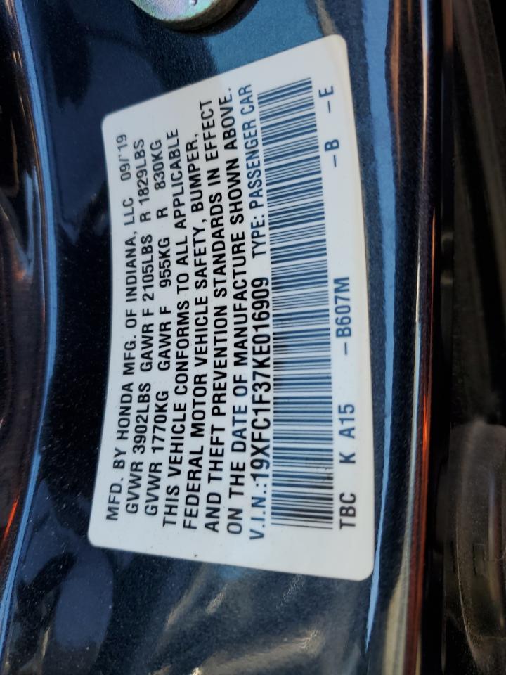 2019 Honda Civic Ex VIN: 19XFC1F37KE016909 Lot: 86129925