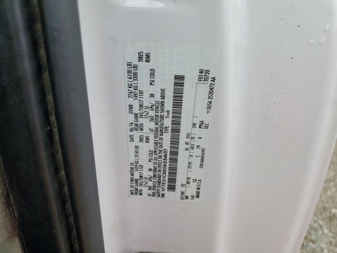 2016 Ford F150 Super Cab VIN: 1FTEX1C85GKE84657 Lot: 84914745