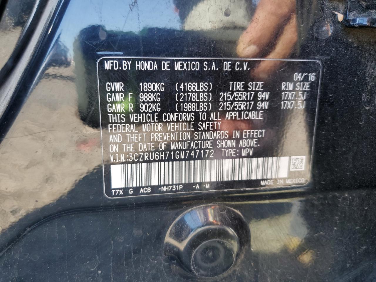 2016 Honda Hr-V Exl VIN: 3CZRU6H71GM747172 Lot: 87012165