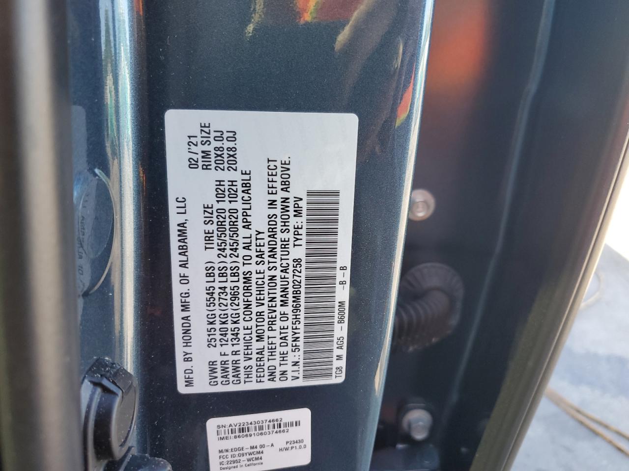 2021 Honda Pilot Touring VIN: 5FNYF5H96MB027258 Lot: 90002995