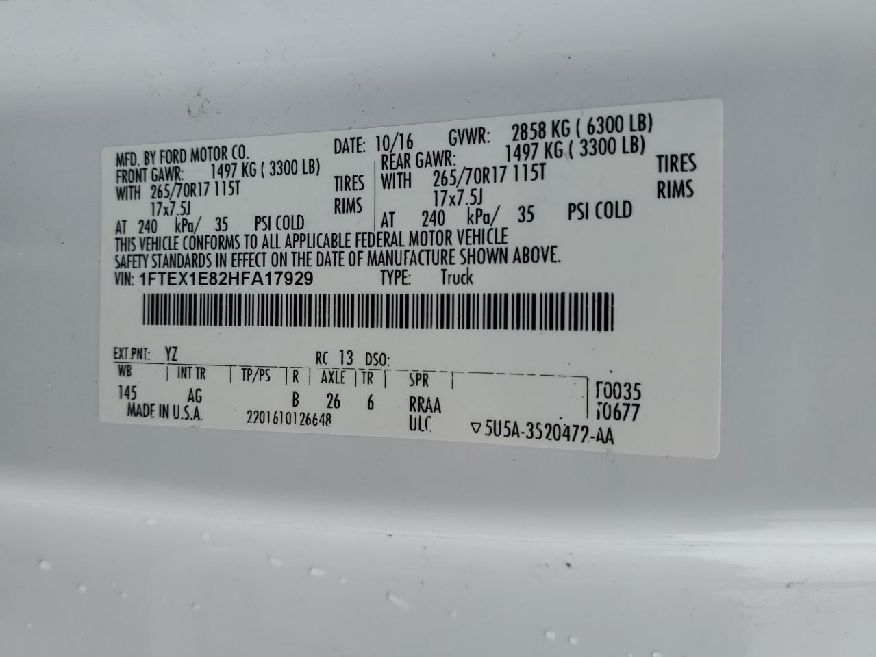 2017 Ford F150 Super Cab VIN: 1FTEX1E82HFA17929 Lot: 85326555