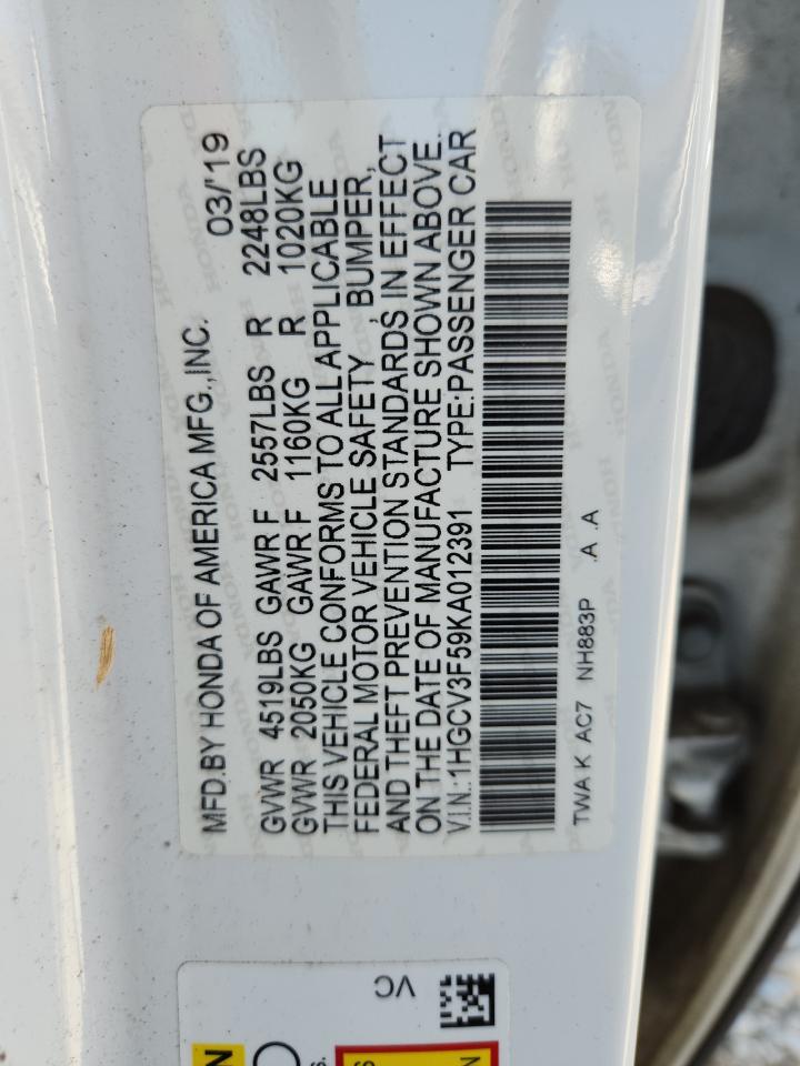 2019 Honda Accord Hybrid Exl VIN: 1HGCV3F59KA012391 Lot: 80863885