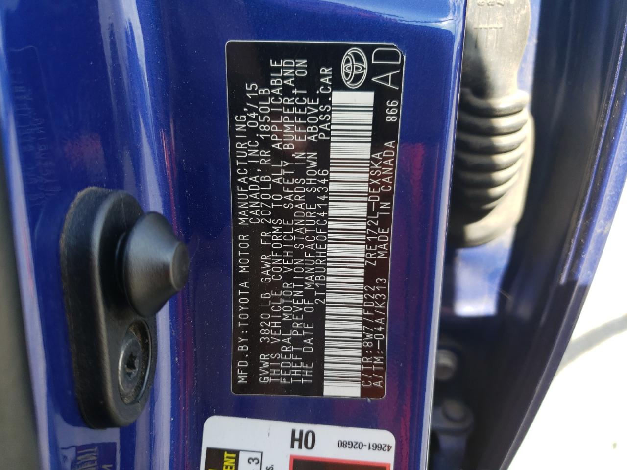 2015 Toyota Corolla L VIN: 2T1BURHE0FC414346 Lot: 85561505