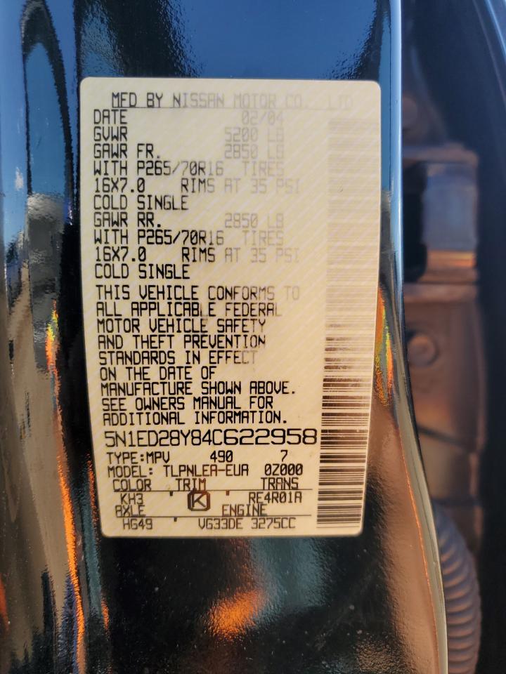 2004 Nissan Xterra Xe VIN: 5N1ED28Y84C622958 Lot: 85870745