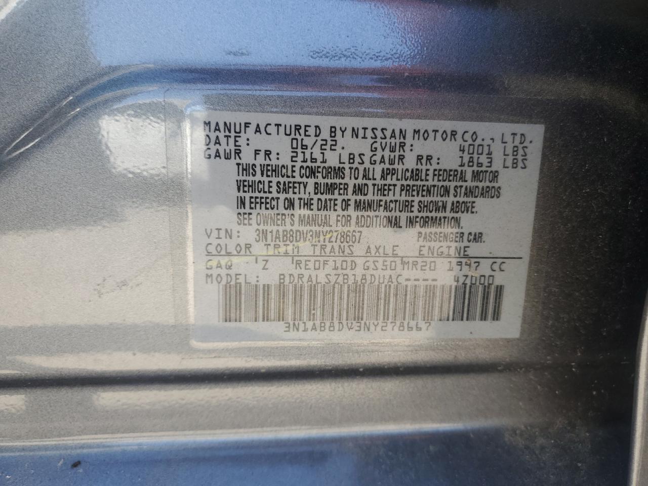 2022 Nissan Sentra Sr VIN: 3N1AB8DV3NY278667 Lot: 81922385