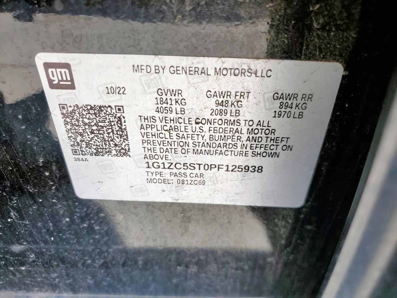 2023 Chevrolet Malibu Ls VIN: 1G1ZC5ST0PF125938 Lot: 86143025