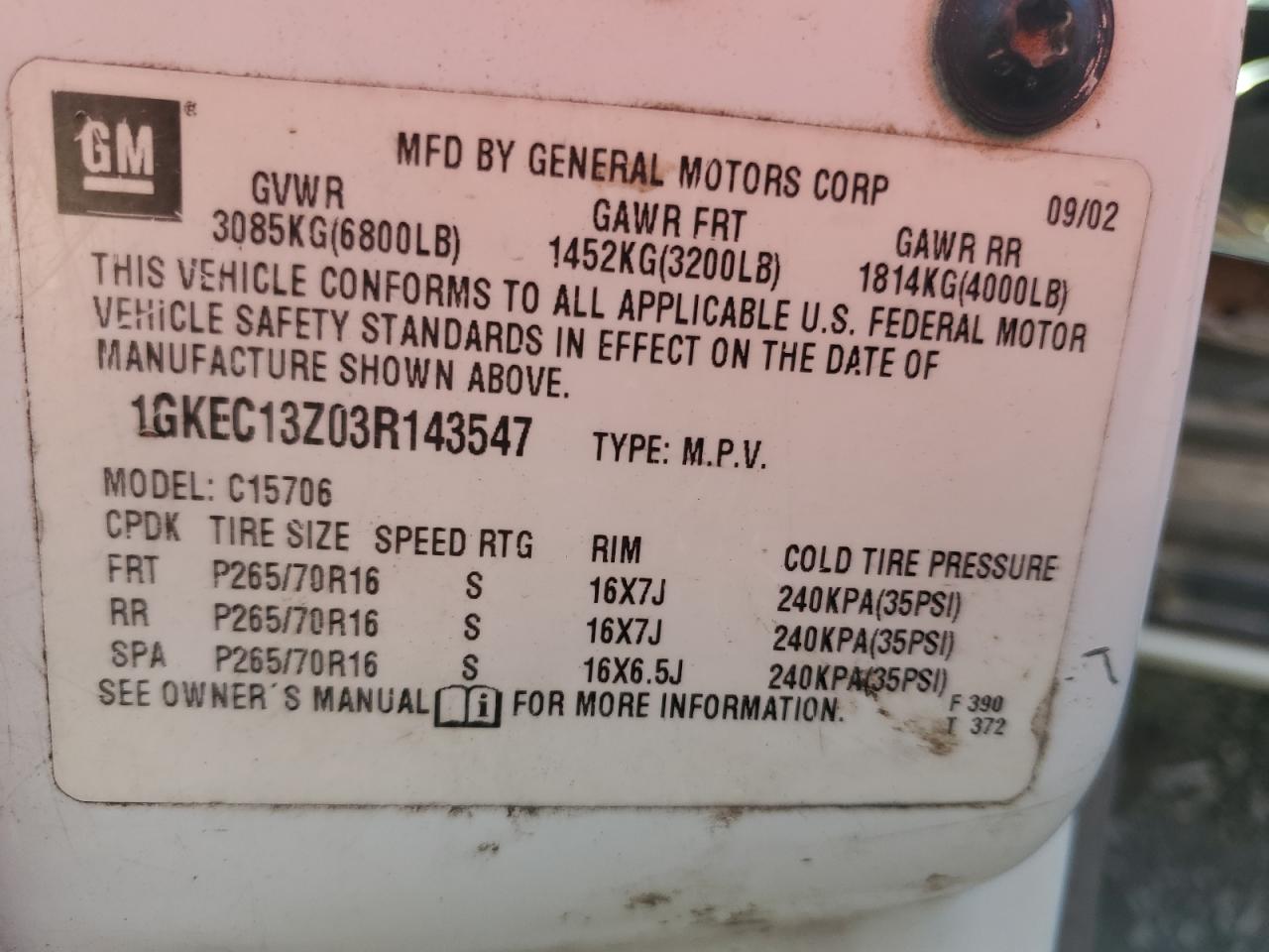 2003 GMC Yukon VIN: 1GKEC13Z03R143547 Lot: 85535295