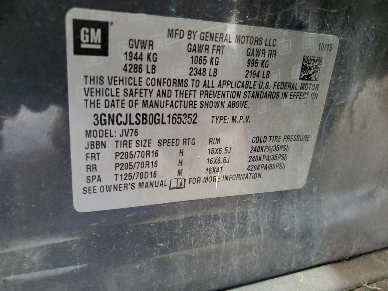 2016 Chevrolet Trax 1Lt VIN: 3GNCJLSB0GL165352 Lot: 82490055