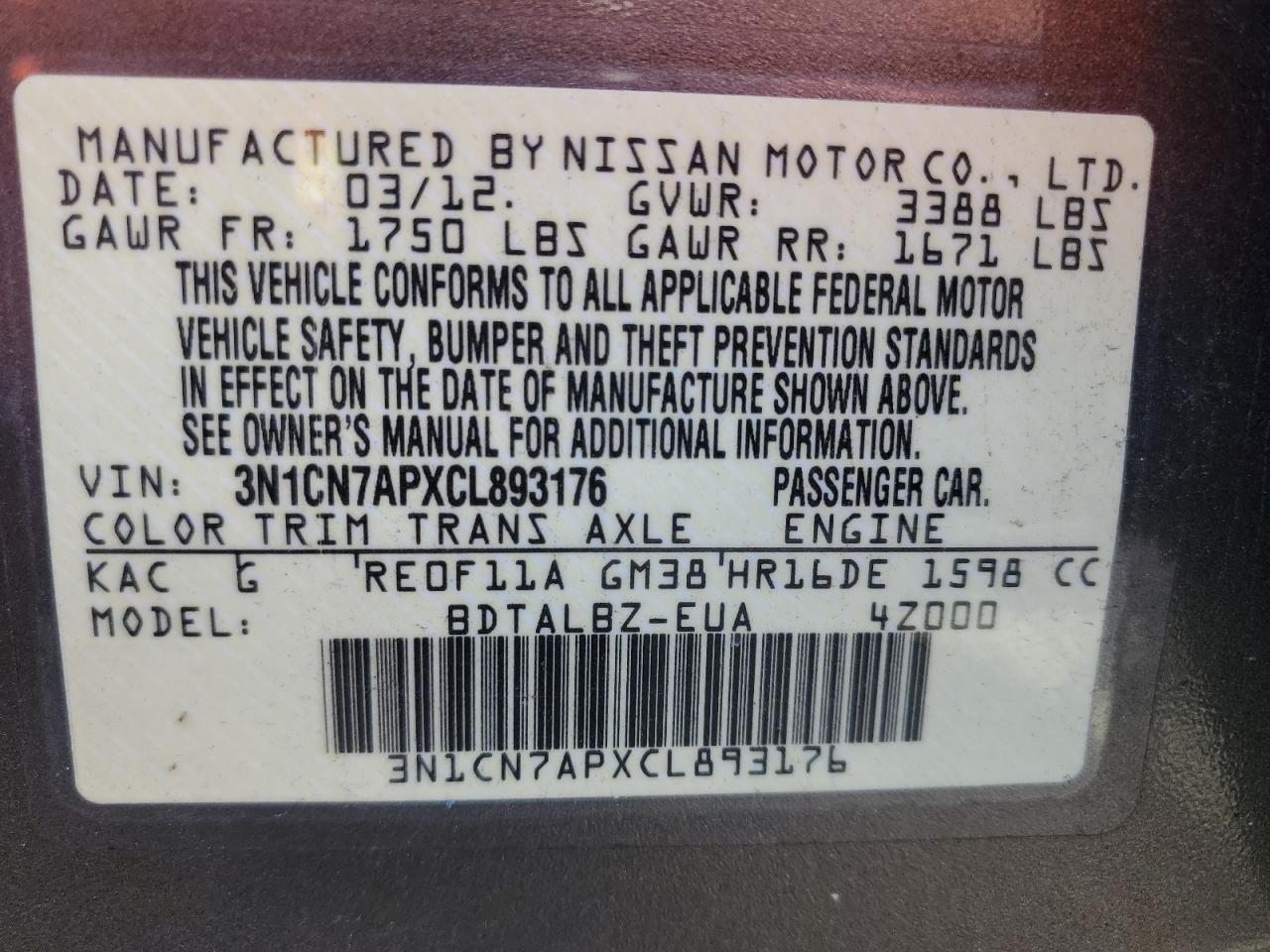 2012 Nissan Versa S VIN: 3N1CN7APXCL893176 Lot: 82355875