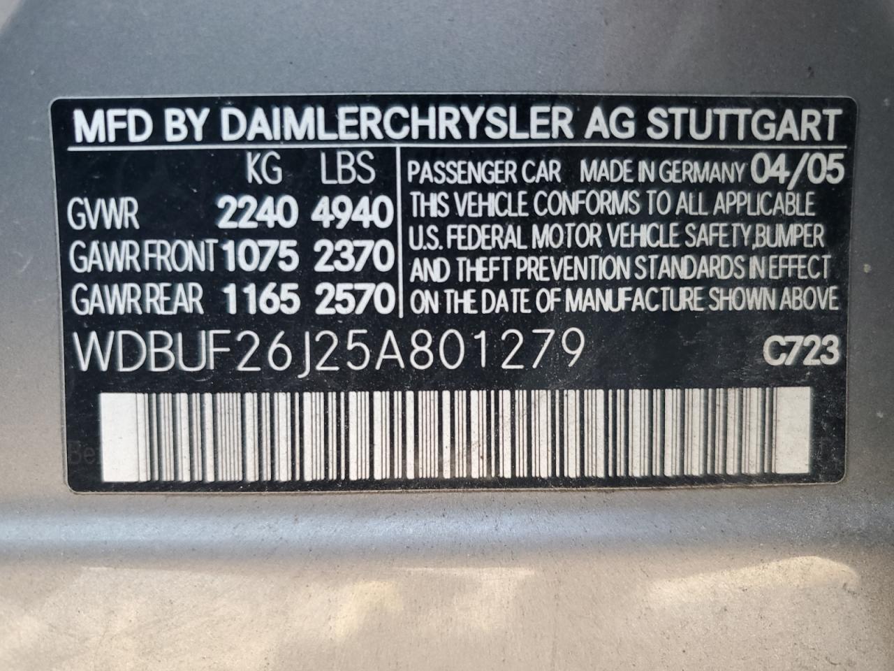 2005 Mercedes-Benz E 320 Cdi VIN: WDBUF26J25A801279 Lot: 89517635