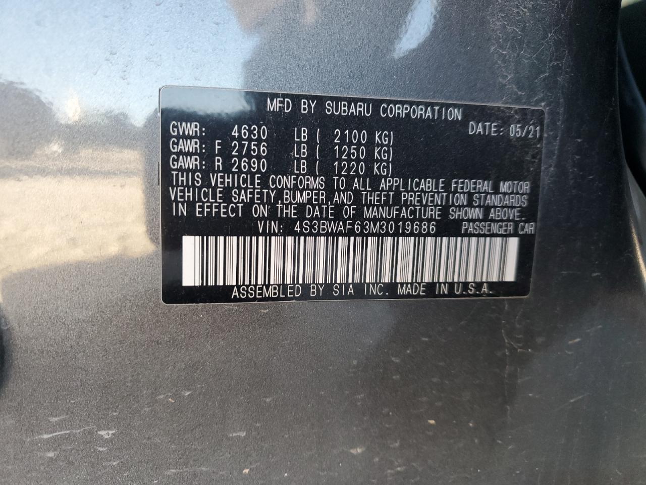 2021 Subaru Legacy Premium VIN: 4S3BWAF63M3019686 Lot: 86318895