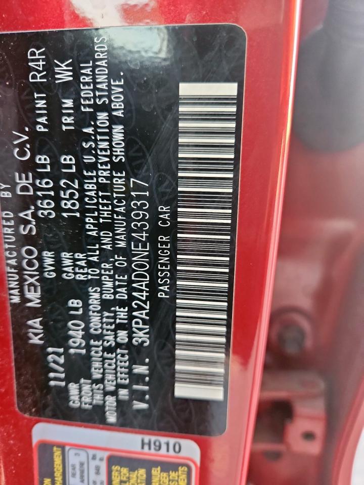 2022 Kia Rio Lx VIN: 3KPA24AD0NE439317 Lot: 84752425