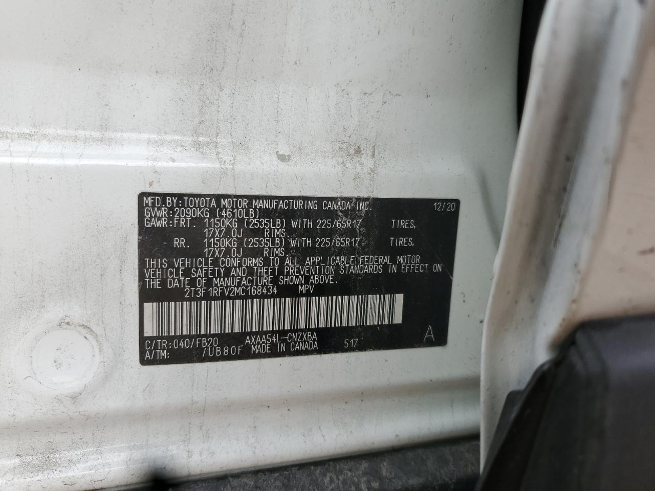 2021 Toyota Rav4 Le VIN: 2T3F1RFV2MC168434 Lot: 85335855