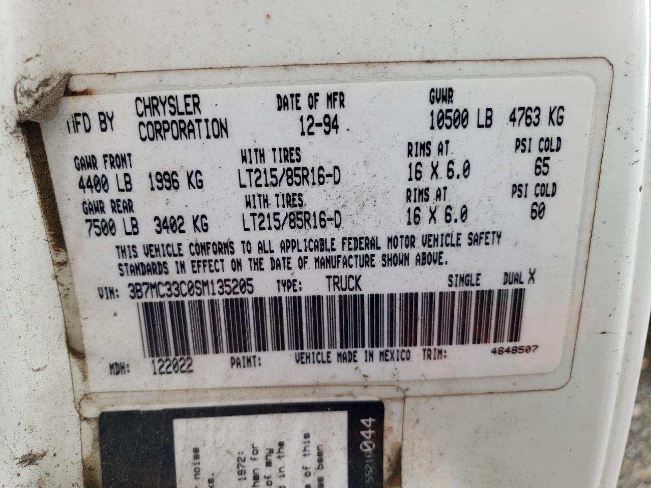 1995 Dodge Ram 3500 VIN: 3B7MC33C0SM135205 Lot: 81891565