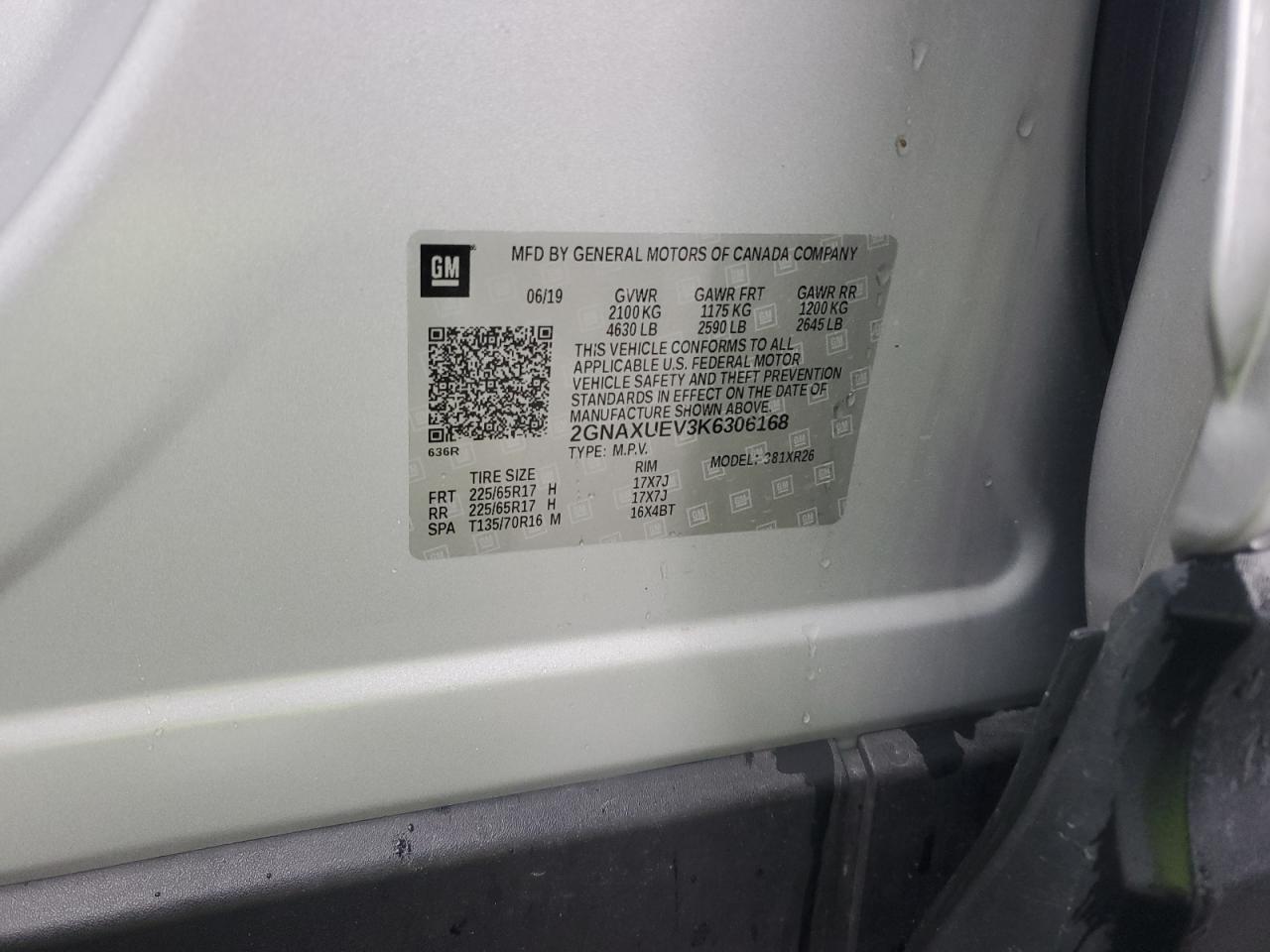 2019 Chevrolet Equinox Lt VIN: 2GNAXUEV3K6306168 Lot: 85746965