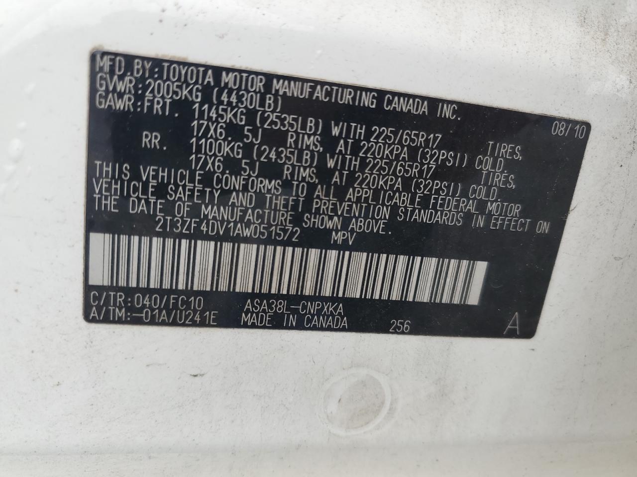 2010 Toyota Rav4 VIN: 2T3ZF4DV1AW051572 Lot: 85506585