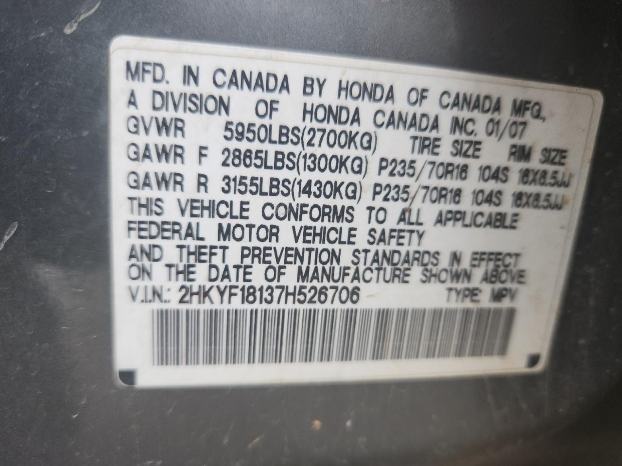 2007 Honda Pilot Lx VIN: 2HKYF18137H526706 Lot: 82437875